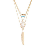 Women Fashion Feather Leaf Beads Charm Pendant Multilayer Chain Necklace Jewelry - ENSEIGNE DENIS