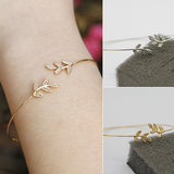Women Ladies Simple Leaves Copper Open Hand Cuff Bangle Thin Bracelet Jewelry