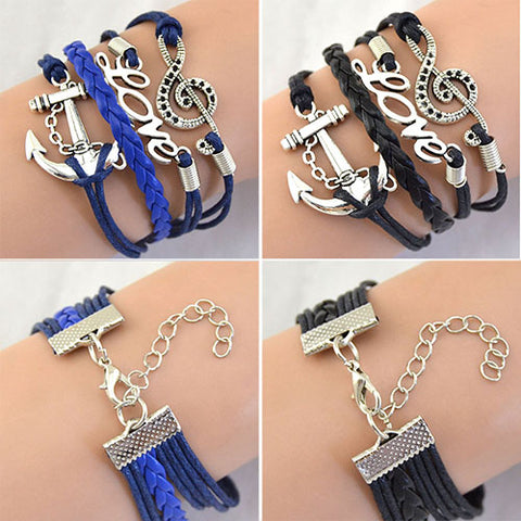 Women's Vintage Multilayer Braid Anchor Love Letter Music Note Cuff Bracelet