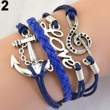 Women's Vintage Multilayer Braid Anchor Love Letter Music Note Cuff Bracelet