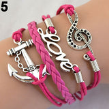 Women's Vintage Multilayer Braid Anchor Love Letter Music Note Cuff Bracelet