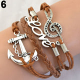 Women's Vintage Multilayer Braid Anchor Love Letter Music Note Cuff Bracelet