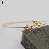 Women Ladies Simple Leaves Copper Open Hand Cuff Bangle Thin Bracelet Jewelry