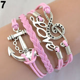 Women's Vintage Multilayer Braid Anchor Love Letter Music Note Cuff Bracelet