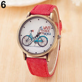Women Casual Bike Pattern Round Dial Fabric Strap Quartz Analog Wrist Watch - ENSEIGNE DENIS