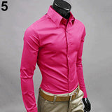 Men's Fashion Casual Solid Candy Color Long Sleeve Slim Fit Dress Shirt Top