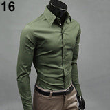 Men's Fashion Casual Solid Candy Color Long Sleeve Slim Fit Dress Shirt Top