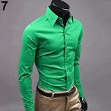 Men's Fashion Casual Solid Candy Color Long Sleeve Slim Fit Dress Shirt Top