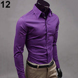 Men's Fashion Casual Solid Candy Color Long Sleeve Slim Fit Dress Shirt Top