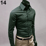 Men's Fashion Casual Solid Candy Color Long Sleeve Slim Fit Dress Shirt Top