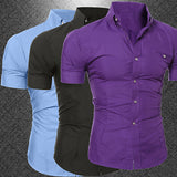 Men's Bussiness Lapel Button Down Short Sleeve Top Blouse Casual Solid Shirt - ENSEIGNE DENIS