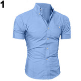 Men's Bussiness Lapel Button Down Short Sleeve Top Blouse Casual Solid Shirt - ENSEIGNE DENIS