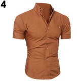 Men's Bussiness Lapel Button Down Short Sleeve Top Blouse Casual Solid Shirt - ENSEIGNE DENIS