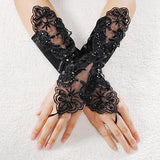 Women Faux Pearl Lace Gloves Bride Fingerless Wedding Party Bridal Dress Glove