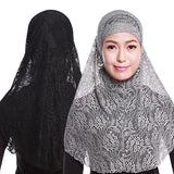Moslem Islamic Women Full Cover Floral Lace Neck Head Hijab Wrap Cap + Scarf Set