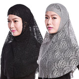Moslem Islamic Women Full Cover Floral Lace Neck Head Hijab Wrap Cap + Scarf Set