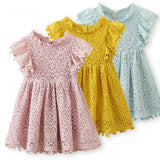 Summer Kids Baby Girl Solid Color Hollow Lace Pompom Short Sleeve O-Neck Dress