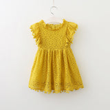 Summer Kids Baby Girl Solid Color Hollow Lace Pompom Short Sleeve O-Neck Dress
