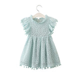 Summer Kids Baby Girl Solid Color Hollow Lace Pompom Short Sleeve O-Neck Dress