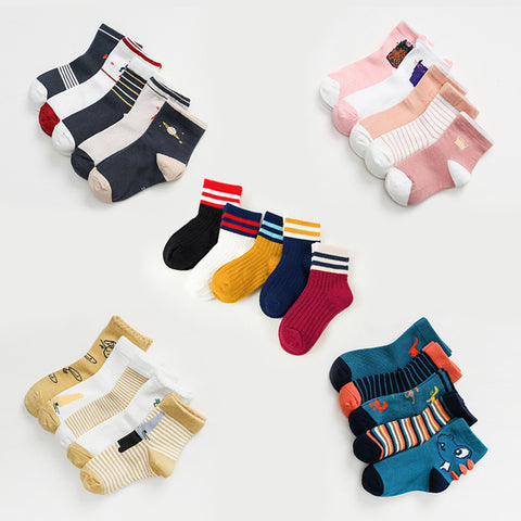 5 Pairs Cartoon Stripe Autumn Winter Baby Children Soft Breathable Cotton Socks