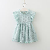 Summer Kids Baby Girl Solid Color Hollow Lace Pompom Short Sleeve O-Neck Dress
