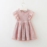 Summer Kids Baby Girl Solid Color Hollow Lace Pompom Short Sleeve O-Neck Dress