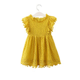Summer Kids Baby Girl Solid Color Hollow Lace Pompom Short Sleeve O-Neck Dress