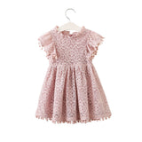 Summer Kids Baby Girl Solid Color Hollow Lace Pompom Short Sleeve O-Neck Dress