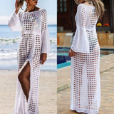 Summer Women Hollow Knitted Long Sleeve High Split Bikini Cover Up Maxi Dress