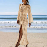 Summer Women Hollow Knitted Long Sleeve High Split Bikini Cover Up Maxi Dress