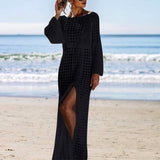 Summer Women Hollow Knitted Long Sleeve High Split Bikini Cover Up Maxi Dress