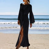 Summer Women Hollow Knitted Long Sleeve High Split Bikini Cover Up Maxi Dress