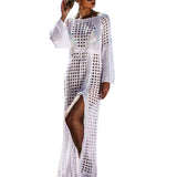 Summer Women Hollow Knitted Long Sleeve High Split Bikini Cover Up Maxi Dress