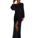 Summer Women Hollow Knitted Long Sleeve High Split Bikini Cover Up Maxi Dress