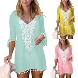 Plus Size Summer Women Beach Wear Lace Crochet Pompom Trim Bikini Cover Up Dress - ENSEIGNE DENIS