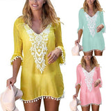 Plus Size Summer Women Beach Wear Lace Crochet Pompom Trim Bikini Cover Up Dress - ENSEIGNE DENIS