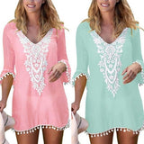 Plus Size Summer Women Beach Wear Lace Crochet Pompom Trim Bikini Cover Up Dress - ENSEIGNE DENIS