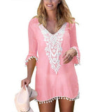 Plus Size Summer Women Beach Wear Lace Crochet Pompom Trim Bikini Cover Up Dress - ENSEIGNE DENIS