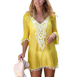 Plus Size Summer Women Beach Wear Lace Crochet Pompom Trim Bikini Cover Up Dress - ENSEIGNE DENIS