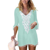 Plus Size Summer Women Beach Wear Lace Crochet Pompom Trim Bikini Cover Up Dress - ENSEIGNE DENIS