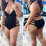 Sexy Pure Black Plus Size Bandage Slim Monokini Backless Women Swimsuit Swimwear