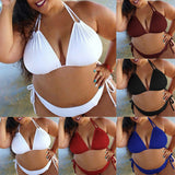 Plus Size Two-piece Women Swimsuit Solid Color Summer Halter Bandage Bikini Set