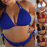 Plus Size Two-piece Women Swimsuit Solid Color Summer Halter Bandage Bikini Set