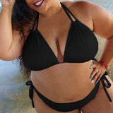 Plus Size Two-piece Women Swimsuit Solid Color Summer Halter Bandage Bikini Set