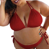 Plus Size Two-piece Women Swimsuit Solid Color Summer Halter Bandage Bikini Set