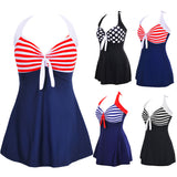 Plus Size Women Beach Stripe Halter Backless One-piece Swimwear Swimdress Briefs - ENSEIGNE DENIS