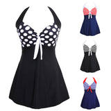 Plus Size Women Beach Stripe Halter Backless One-piece Swimwear Swimdress Briefs - ENSEIGNE DENIS