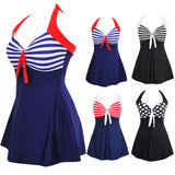 Plus Size Women Beach Stripe Halter Backless One-piece Swimwear Swimdress Briefs - ENSEIGNE DENIS