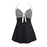 Plus Size Women Beach Stripe Halter Backless One-piece Swimwear Swimdress Briefs - ENSEIGNE DENIS