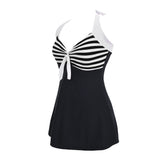 Plus Size Women Beach Stripe Halter Backless One-piece Swimwear Swimdress Briefs - ENSEIGNE DENIS